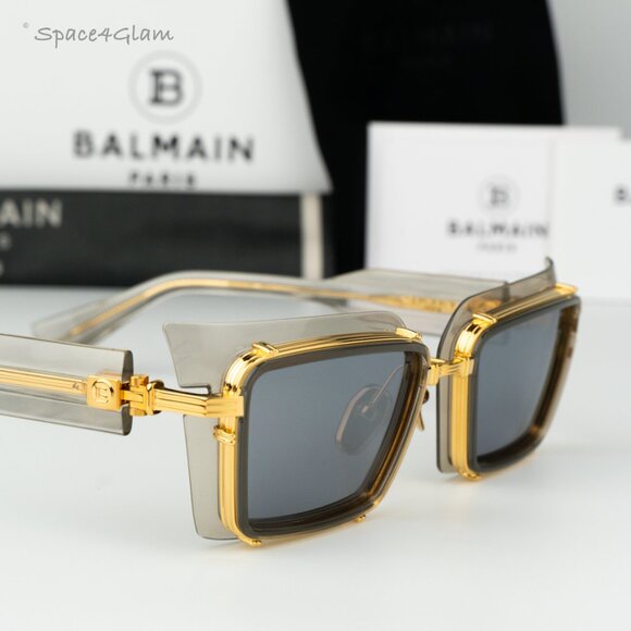 Balmain Men Sunglasses ADMIRABLE BPS-130B-52 Grey Crystal Gold Rectangle NEW - Picture 4 of 10